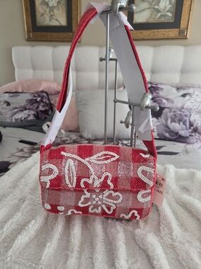 Red Floral Beaded Shoulder Bag with Check Detail